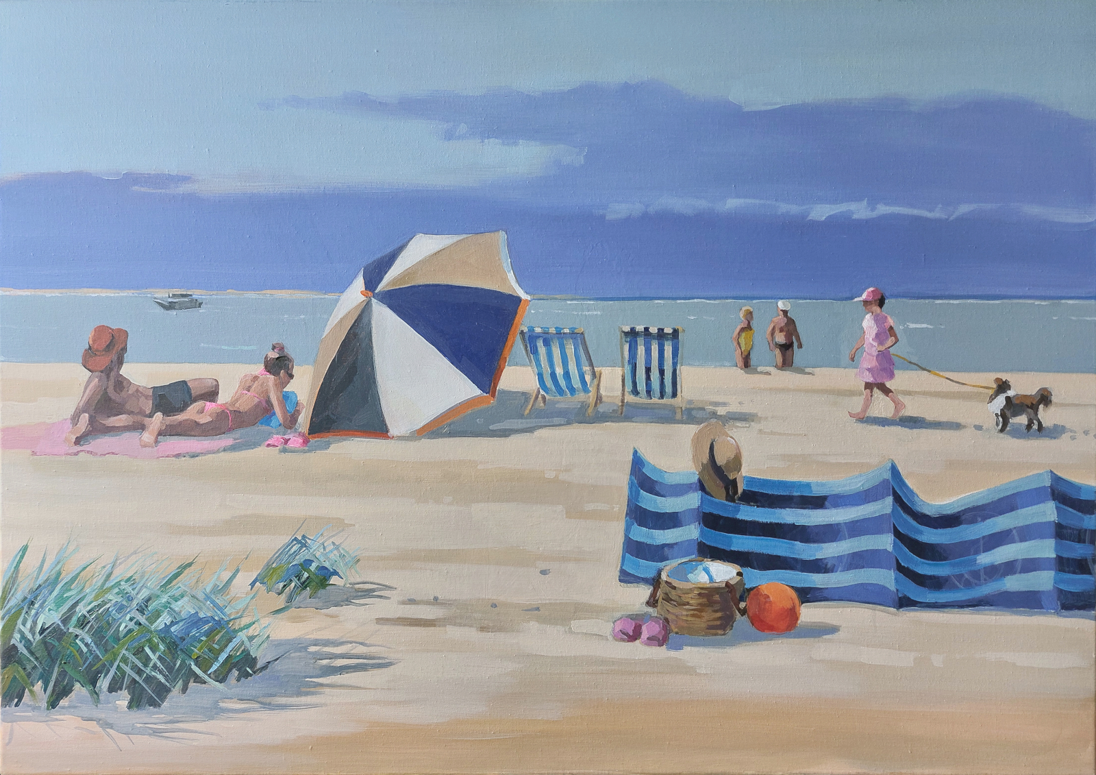 realistyczny pejzaż , ludzie na plaży, na horyzoncie statek na morzu