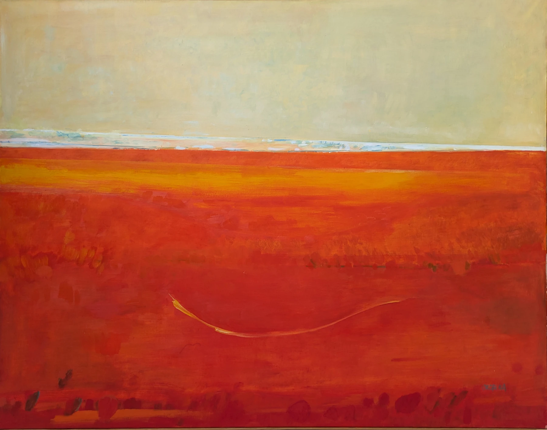 minimalistyczny pejzaż, czerwono-pomarańczowe pole i bladożółte niebo