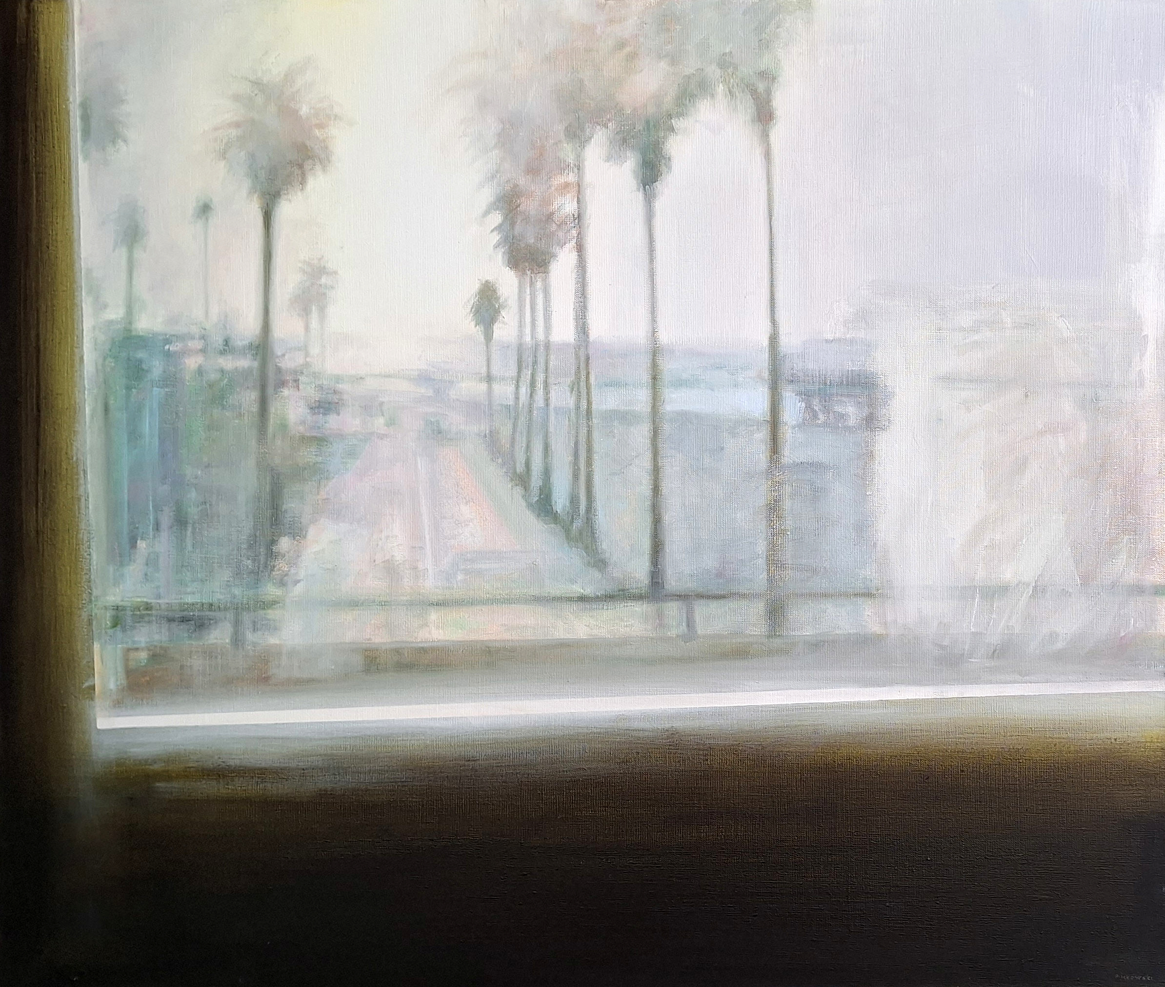 widok z okna za ulicę wysadzana palmami