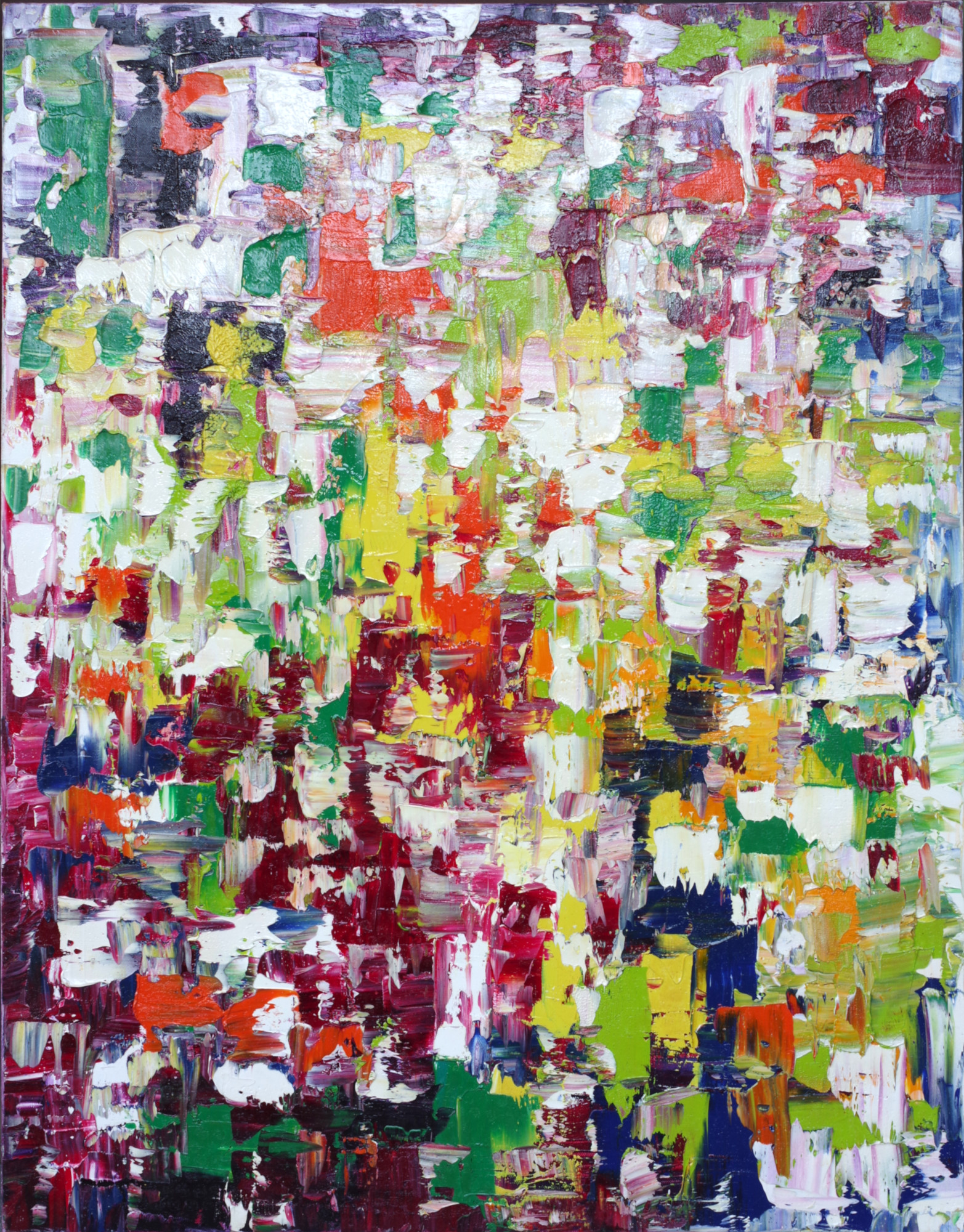 Abstrakcyjny obraz olejny w żywych kolorach – dynamiczna kompozycja faktur i barw, malowana szpachlą malarską. Autorka Lia van Leeuwen.