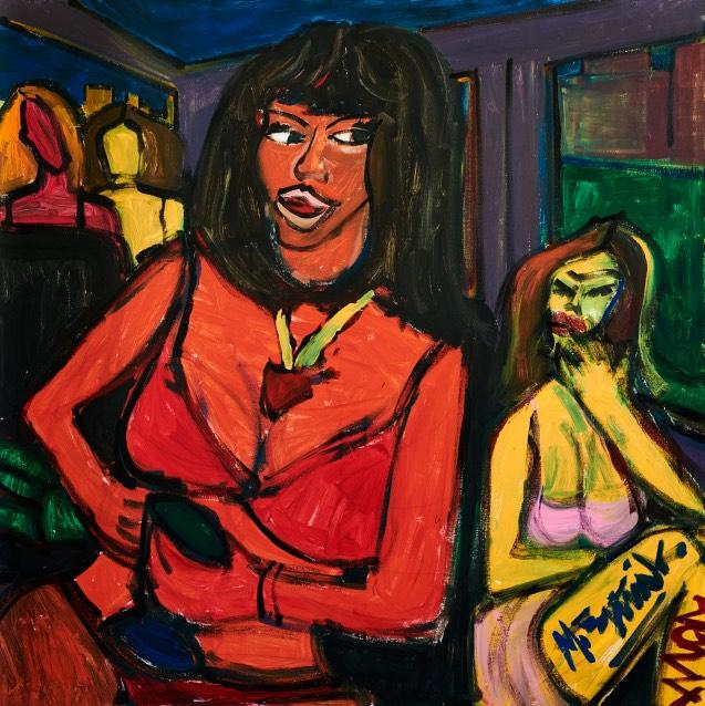 Ekspresyjny obraz z dynamicznymi plamami intensywnego koloru przedstawiający kobietę w pomieszczeniu. Autorem obrazu jest Michał Żytniak