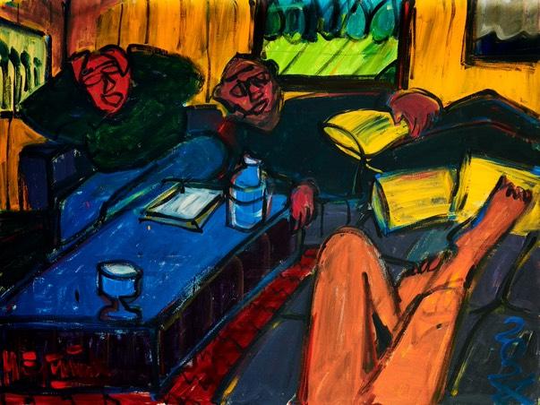 Ekspresyjny obraz Michała Żytniaka przedstawiający grupę osób we wnętrzu.