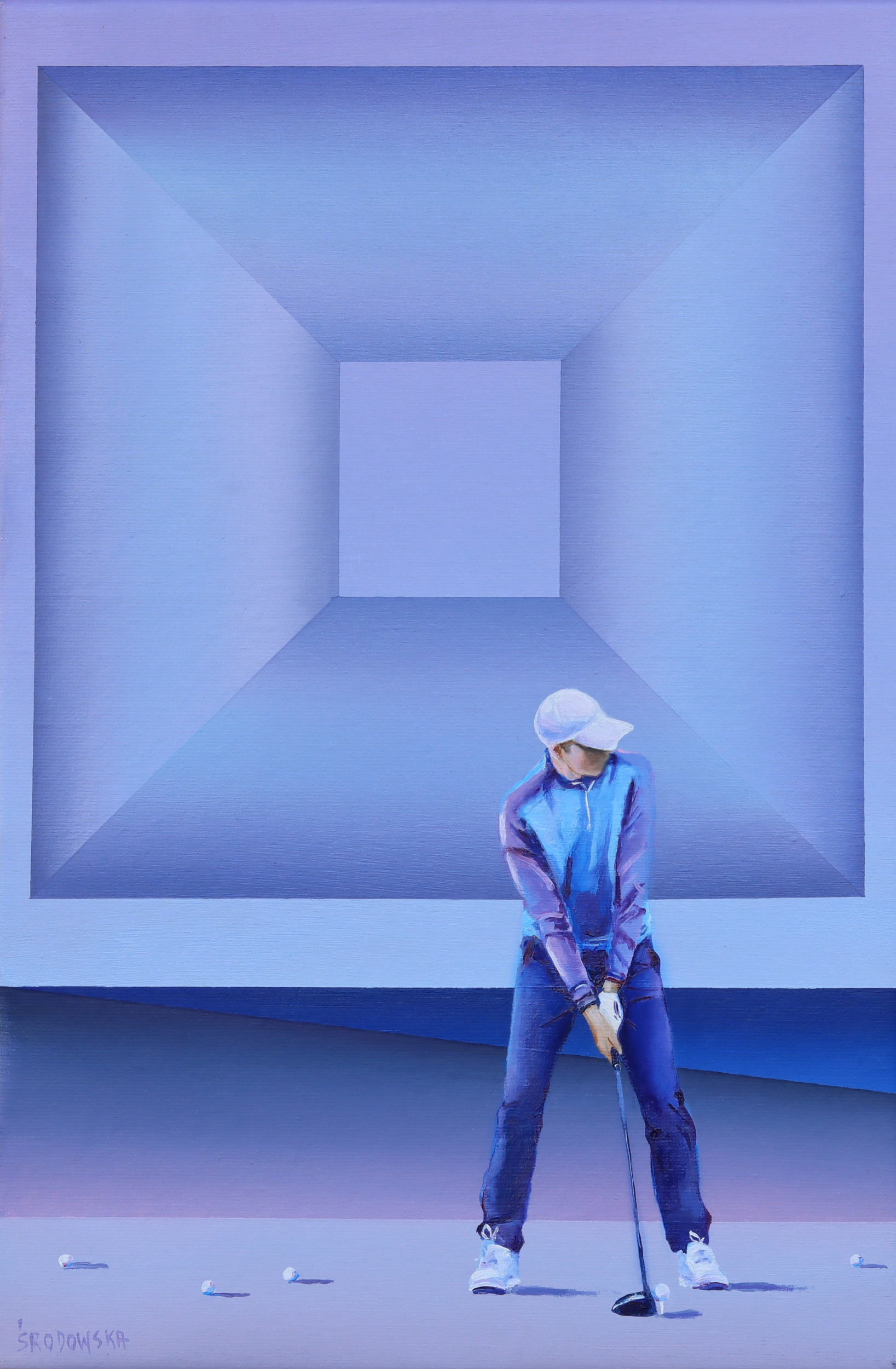 Obraz Katarzyny Środowskiej – golfista przygotowujący się do uderzenia na tle geometrycznej, przestrzennej kompozycji w chłodnych odcieniach błękitu i fioletu