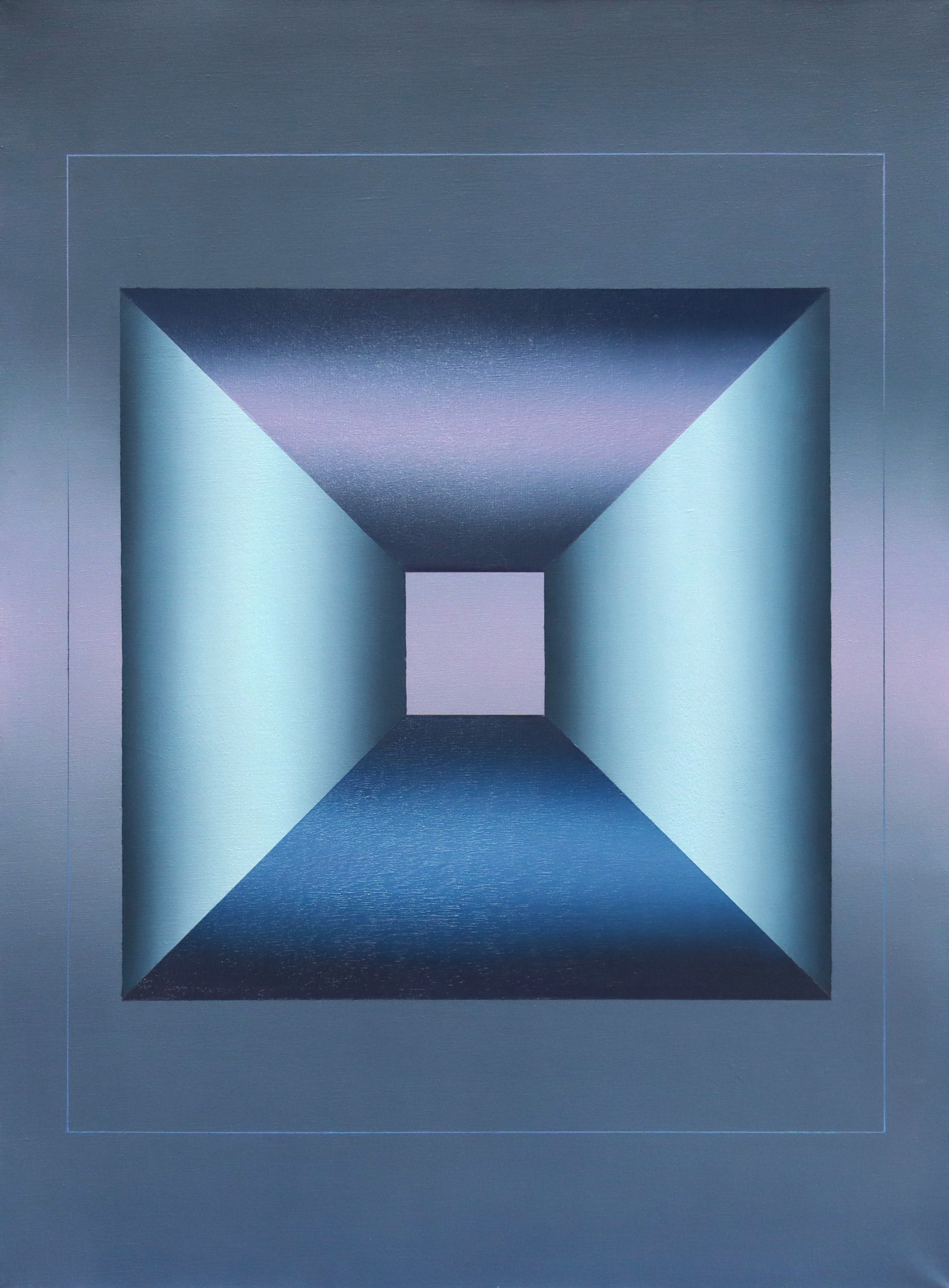 Abstrakcyjny, geometryczny obraz z odcieniami błękitów, szarości i różu