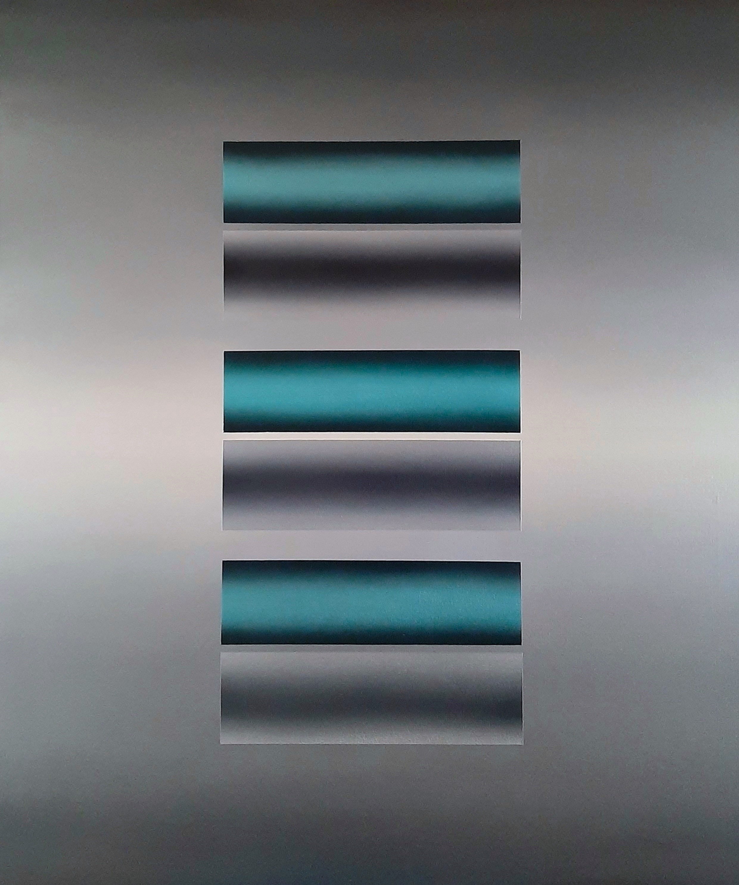 Obraz olejny abstrakcyjny z elementami geometrycznymi utrzymany w szarościach.