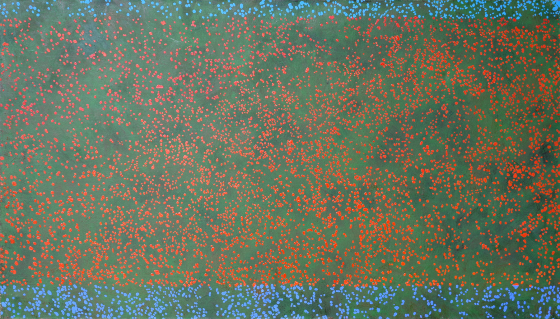 Abstrakcyjny obraz Roberta Motelskiego – zielone tło z gęsto rozmieszczonymi czerwonymi i niebieskimi kropkami