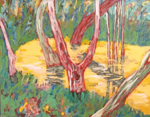 Ekspresyjny pejzaż przedstawiający drzewa o czerwonych pniach wyrastające z żółtego rozlewiska w otoczeniu bujnej zieleni; obraz malowany szerokimi, dynamicznymi pociągnięciami pędzla w intensywnych barwach