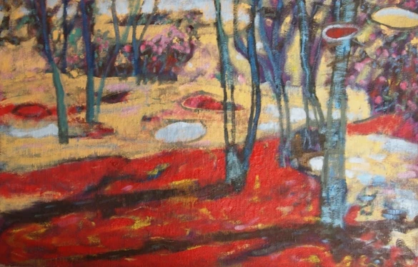 Ekspresyjny pejzaż leśny z dynamicznie malowanymi drzewami na tle kontrastujących kolorów: intensywnej czerwieni na ziemi i jasnych, piaskowych tonów w tle; kompozycja zbudowana z rytmicznych pionów i plam barwnych sugerujących światło i cień.