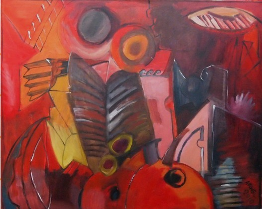 Abstrakcyjna martwa natura w czerwonej tonacji z geometrycznymi kształtami i dynamicznymi liniami. muzyka