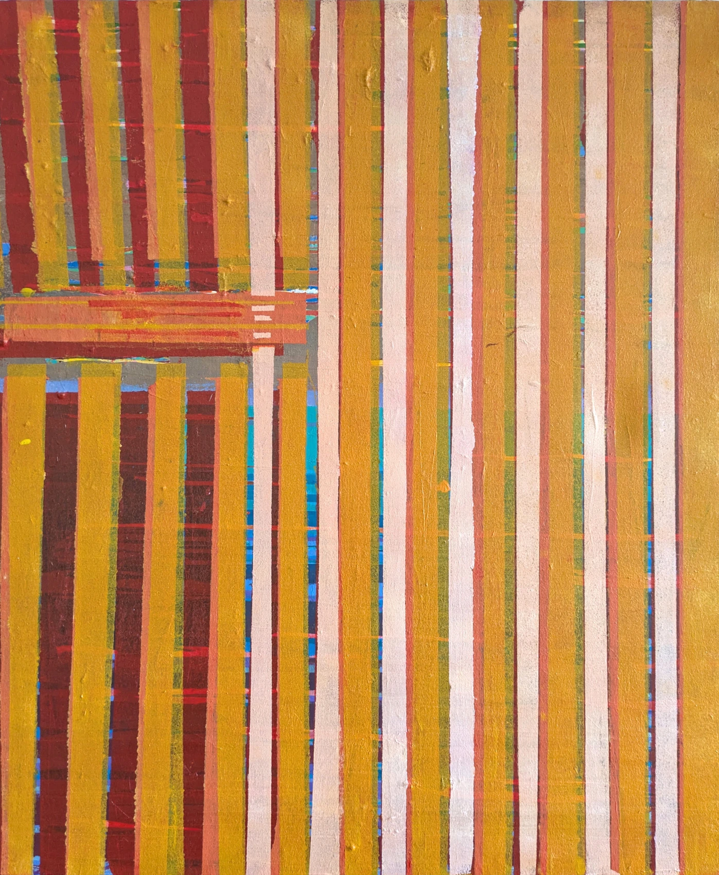 Kolorowa abstrakcja z motywami pionowych pasów.