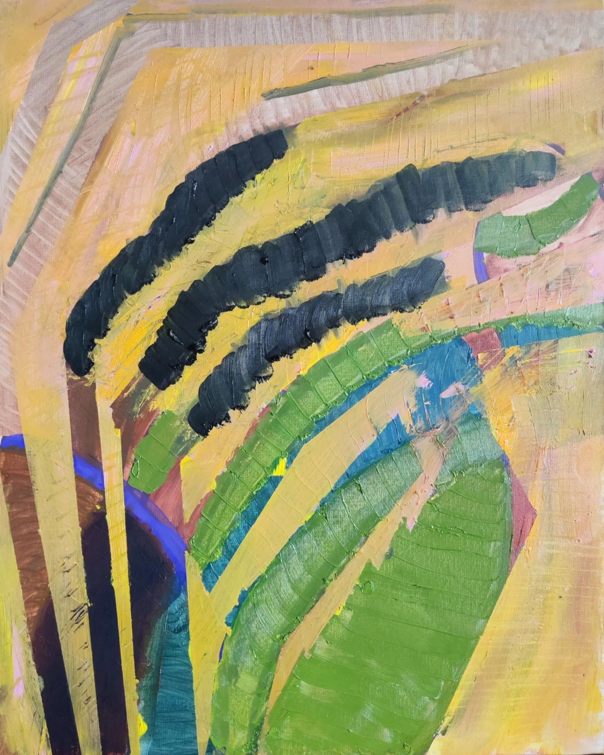 Kolorowy obraz z motywem kwiatowym, mocno zredukowanym w kierunku abstrakcji.