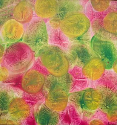 abstrakcja, intensywne żywe kolory, zielony, różowy, żółty, organiczne formy, koła