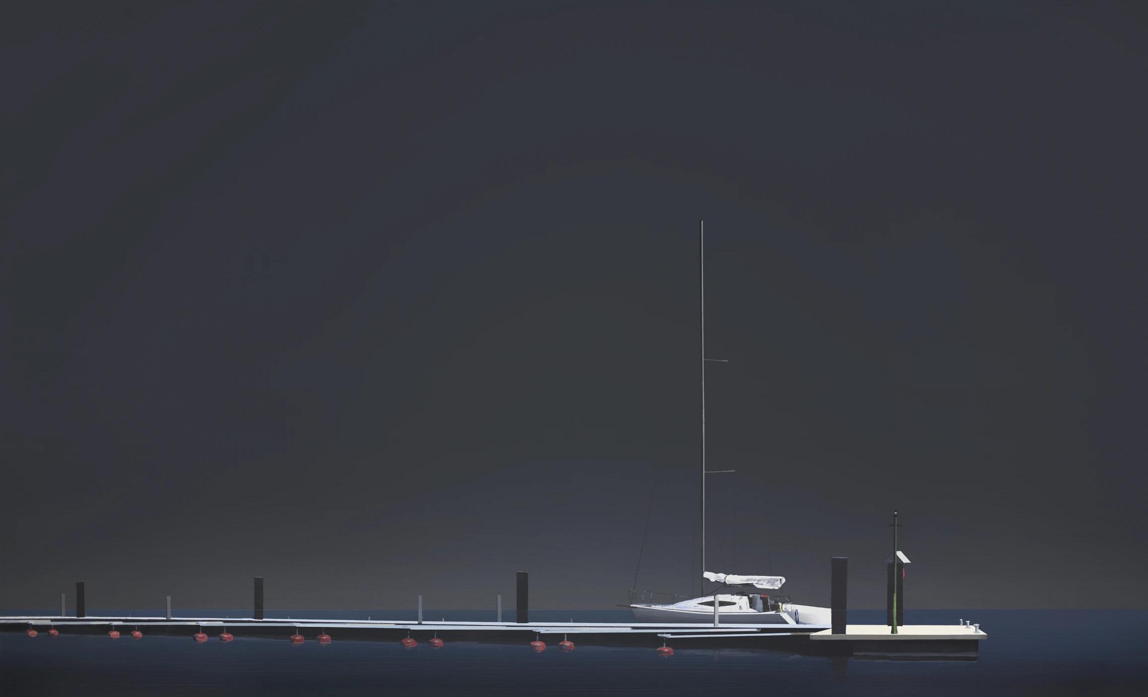 Obraz na płótnie przedstawiający pejzaż nocny - nokturn, z żaglówką stojącą przy pomoście portowym.