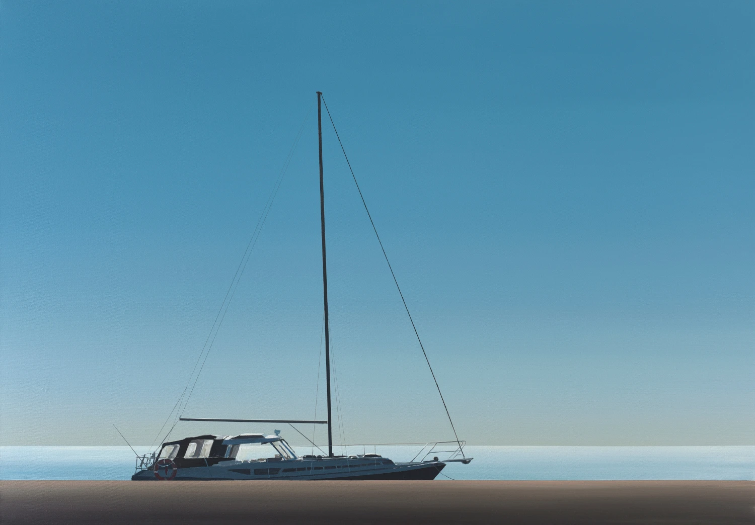 Obraz na płótnie z jachtem stojącym przy brzegu na spokojnej tafli błękitnego morza, na tle bezchmurnego jasnego nieba.