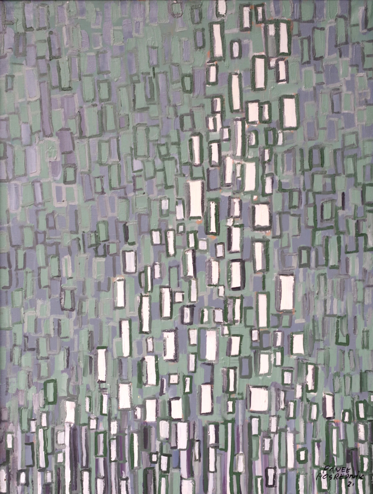 Obraz abstrakcyjny Pawła Pośrednika – rytmiczna kompozycja prostokątnych form w odcieniach zieleni, fioletu, bieli i szarości, tworzących iluzję głębi i struktury, nowoczesna sztuka geometryczna.