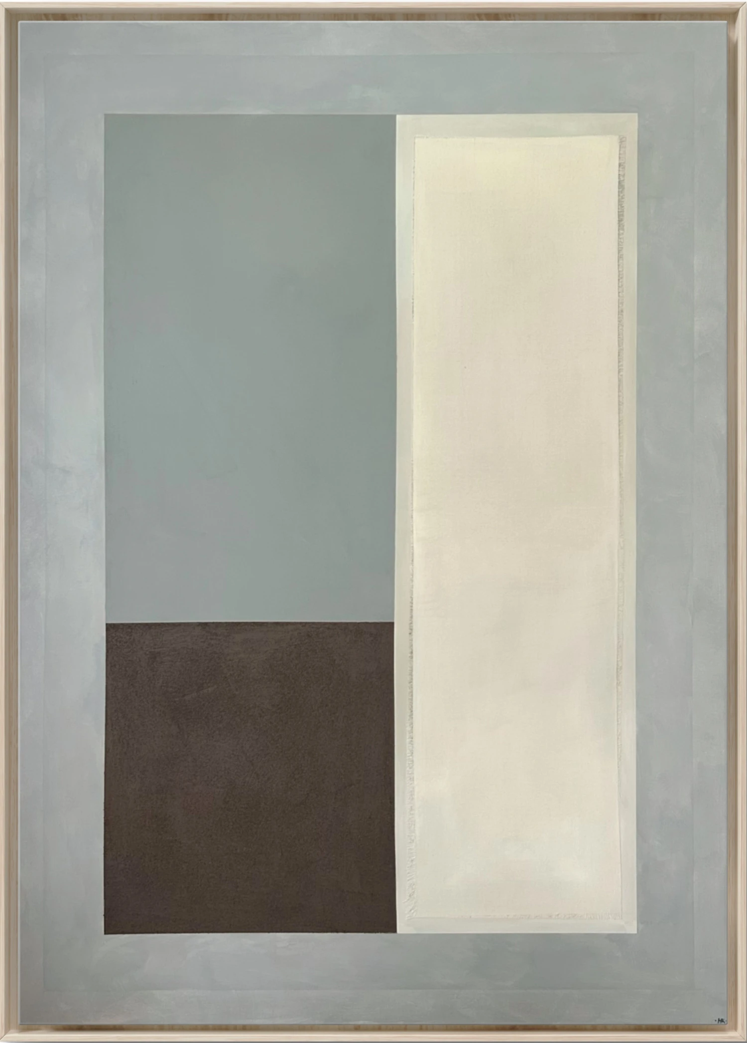 Obraz abstrakcyjny Marzeny Kuśmirek "Balancing 19.S.5" – geometryczna kompozycja w stonowanych odcieniach szarości, bieli i czerni, minimalistyczna sztuka nowoczesna.