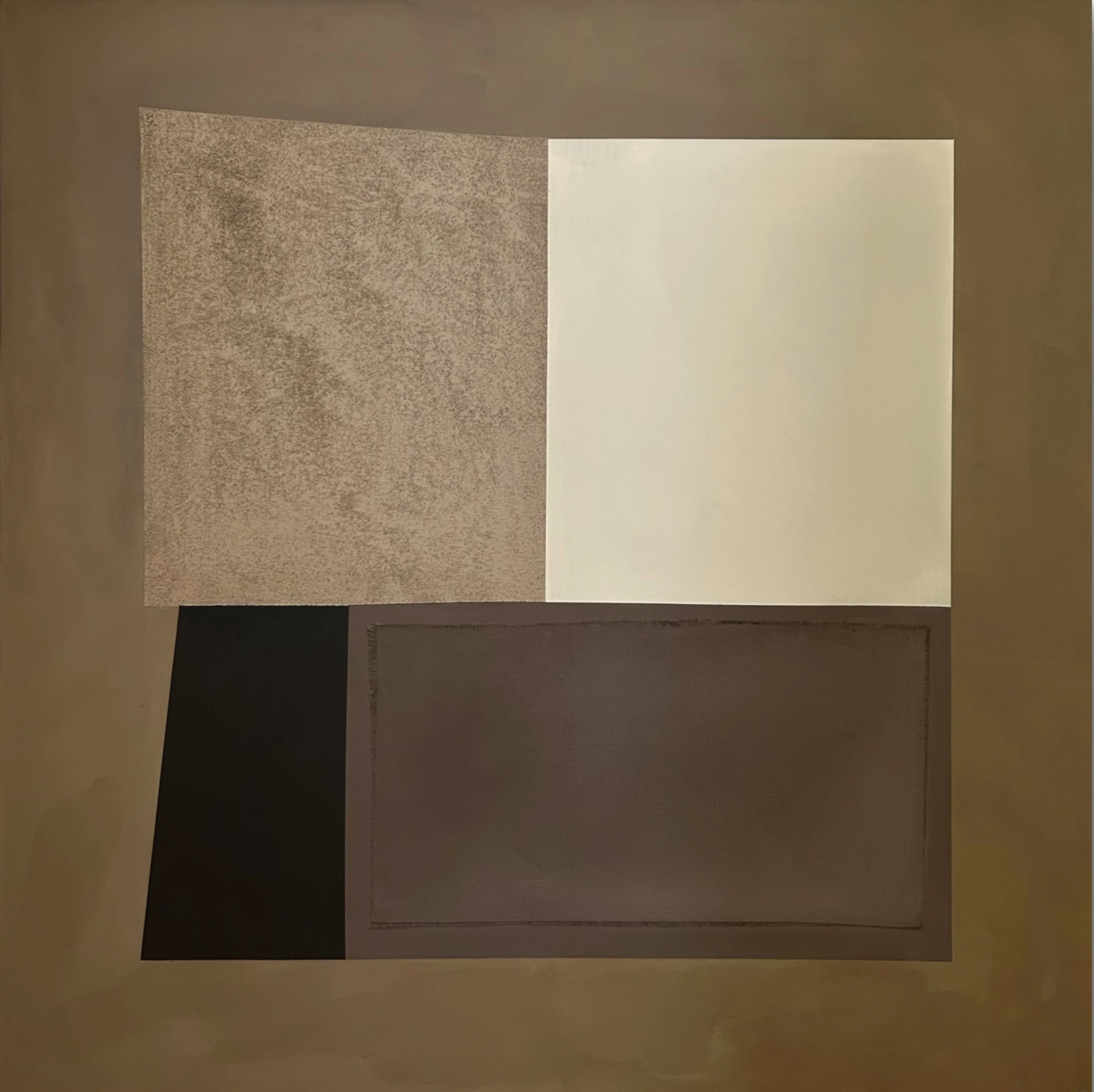 Obraz abstrakcyjny „Balancing 08.S.5” Marzena Kuśmirek, 100x100 cm – geometryczne formy, odcienie beżu, brązu i czerni, nowoczesna sztuka współczesna do wnętrz.