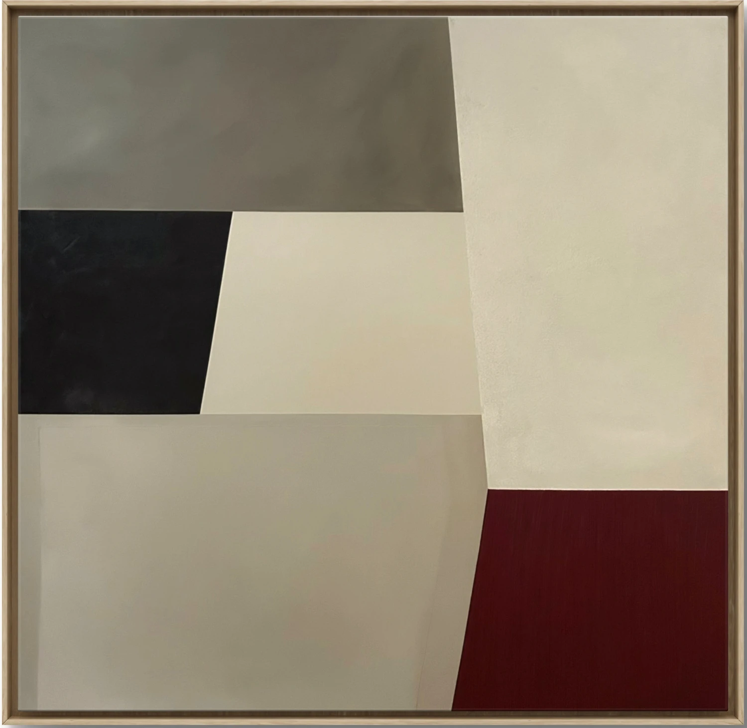 Obraz abstrakcyjny Marzena Kuśmirek, kompozycja geometryczna 100x100 cm – eleganckie barwy: czerń, beż, szarość i bordo, minimalistyczna sztuka nowoczesna do nowoczesnych wnętrz.