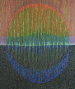 Obraz olejny abstrakcyjny kolorowy z kształtem kuli przypominającym zachodzące słońce.