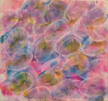 abstrakcja, pastelowe barwy, intensywne żywe kolory, zielony, różowy, żółty, niebieski, organiczne formy, koła