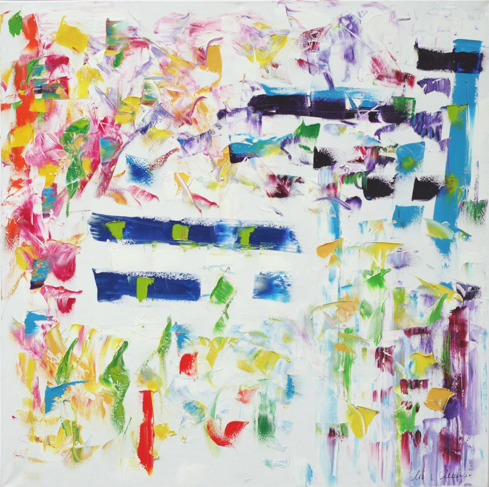 Lia van Leeuwen – abstrakcyjny obraz olej na płótnie, kolorowa kompozycja współczesna 100x100 cm.