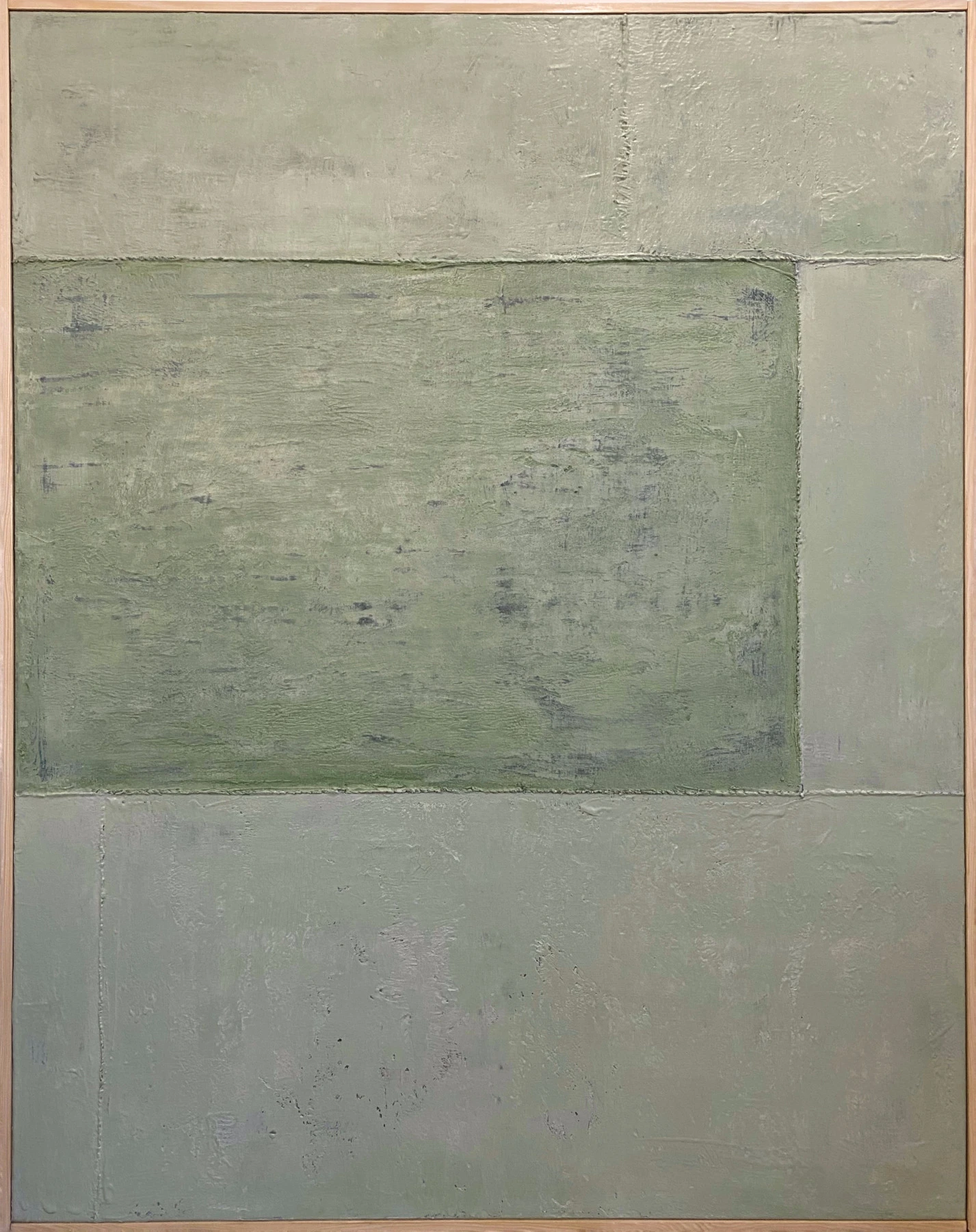 Abstrakcyjny obraz Marcina Brodowskiego olej na płótnie – stonowana kompozycja zieleni i szarości, format 125x100 cm.