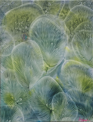 abstrakcja, intensywne żywe kolory, zielony, niebieski, organiczne formy, koła