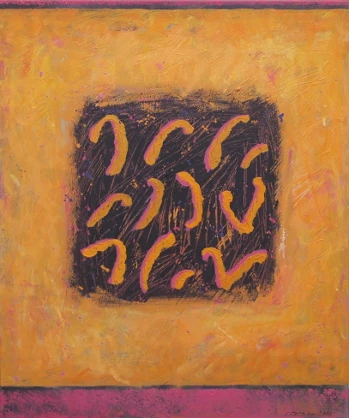 obraz abstrakcyjny Grażyny Kilanowicz w ciemnożółtej kolorystyce, grał w serialu Przyjaciółki