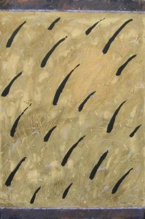 abstrakcyjny obraz Grażyny Kilanowicz, czarne plamy na złotym tle, przez wiele lat ozdabiał dom Ingi w serialu Przyjaciółki