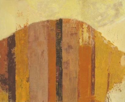 Julia Myga „Ziemia” – minimalistyczny obraz w odcieniach ochry i złota, malarstwo współczesne do eleganckiego wnętrza