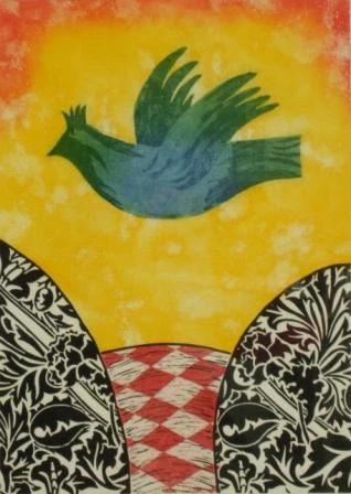 Grafika warsztatowa z motywem ptaka na żółtym tle – dekoracyjna praca do nowoczesnych wnętrz