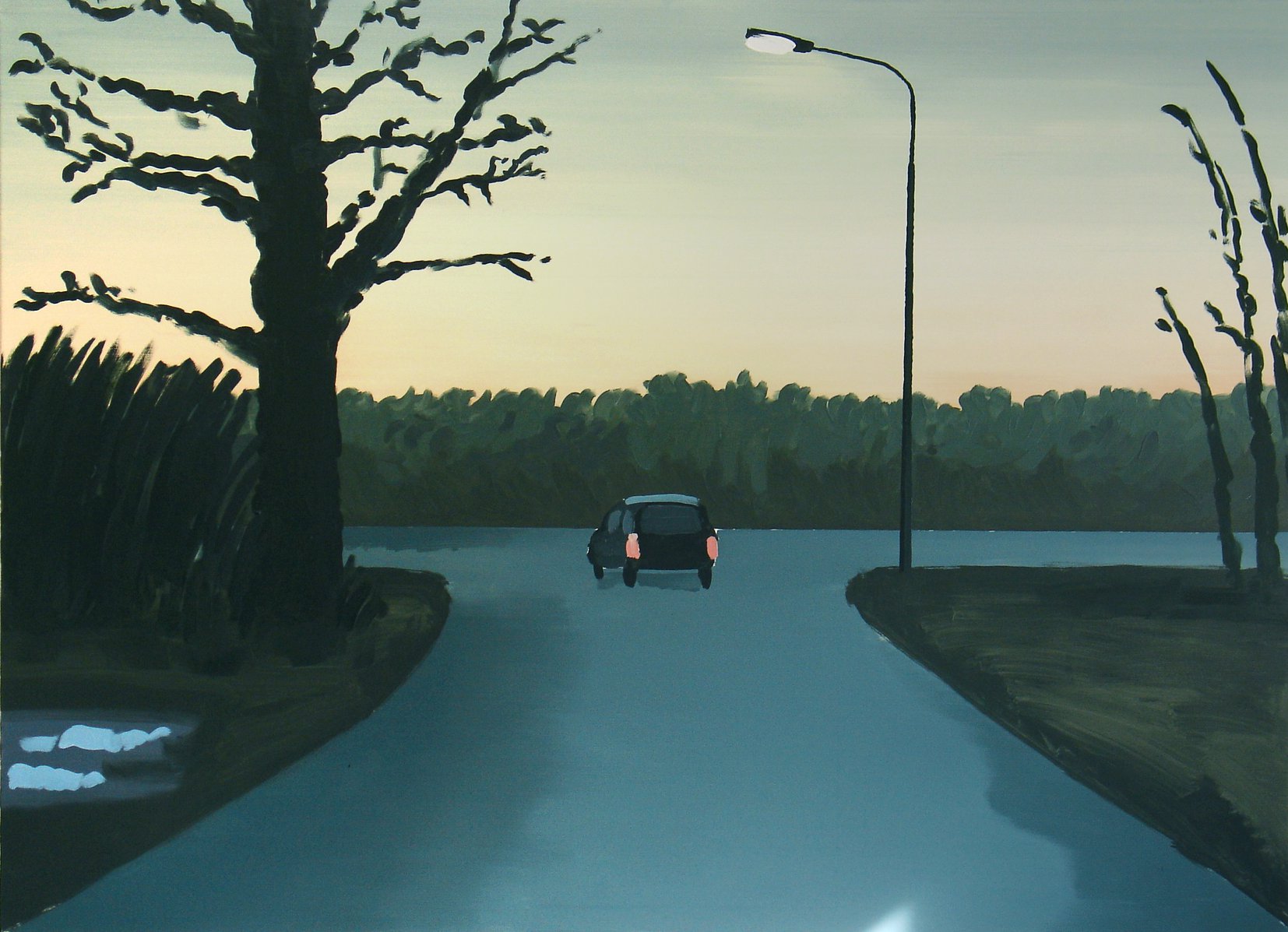 pejzaż, wieczór, droga, drzewa, samochód, minimalizm, niebieski, zielony, niebo, stonowana kolorystyka