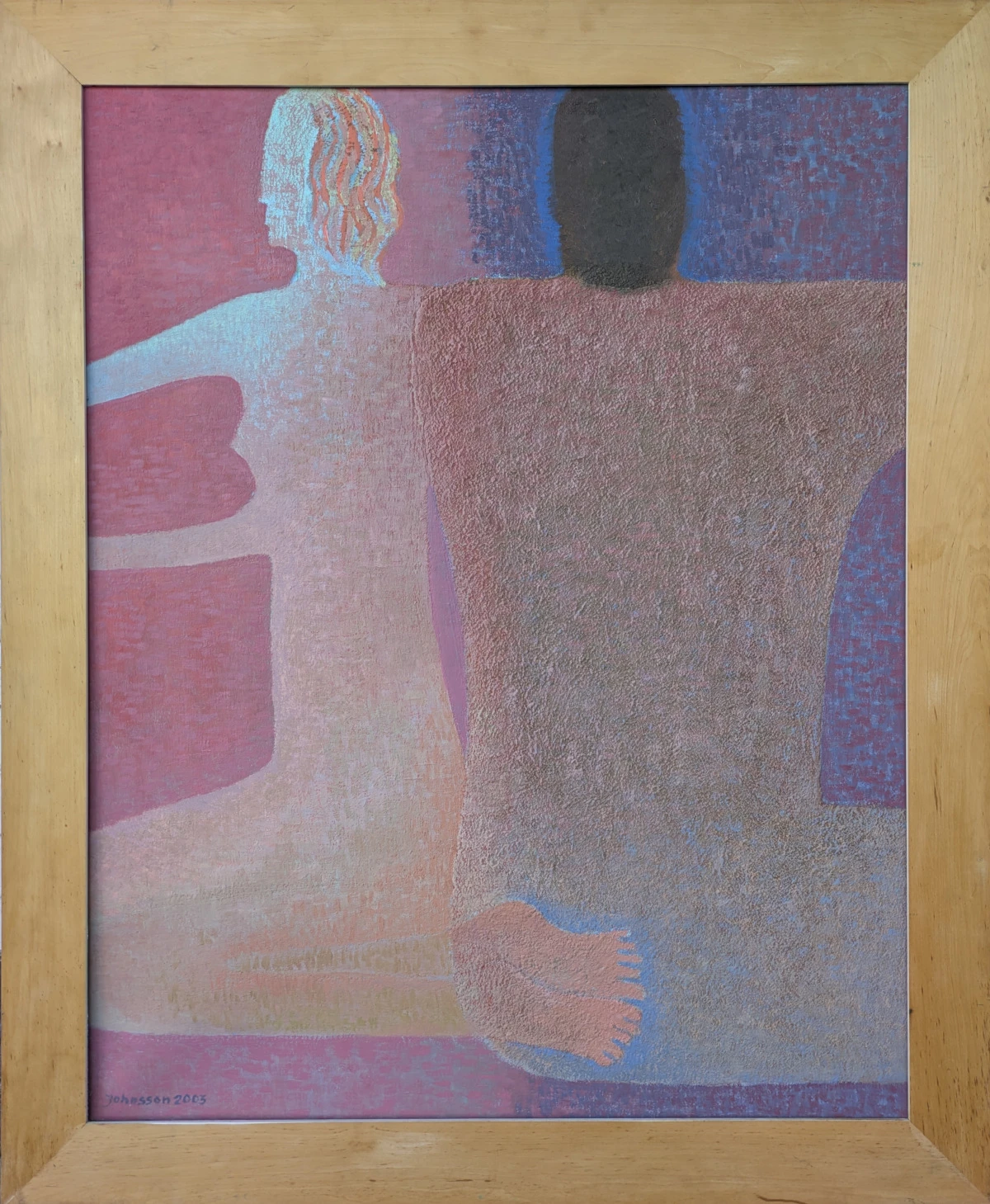 Obraz Jolanty Johnsson z dwiema postaciami w uścisku, malarstwo figuratywne o relacji i bliskości