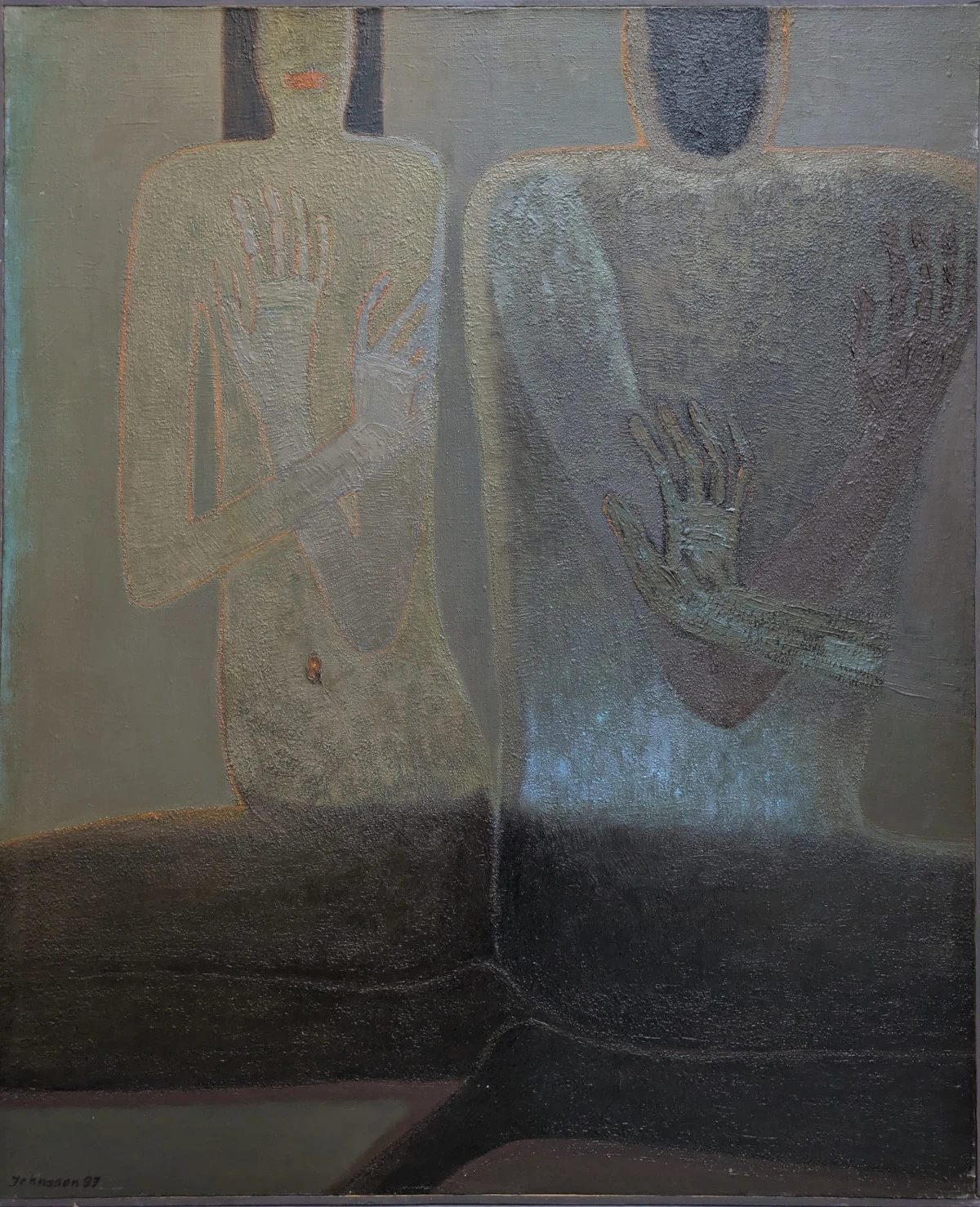 Obraz Jolanty Johnsson z dwiema postaciami i gestem dłoni, malarstwo figuratywne o relacjach i napięciu emocji