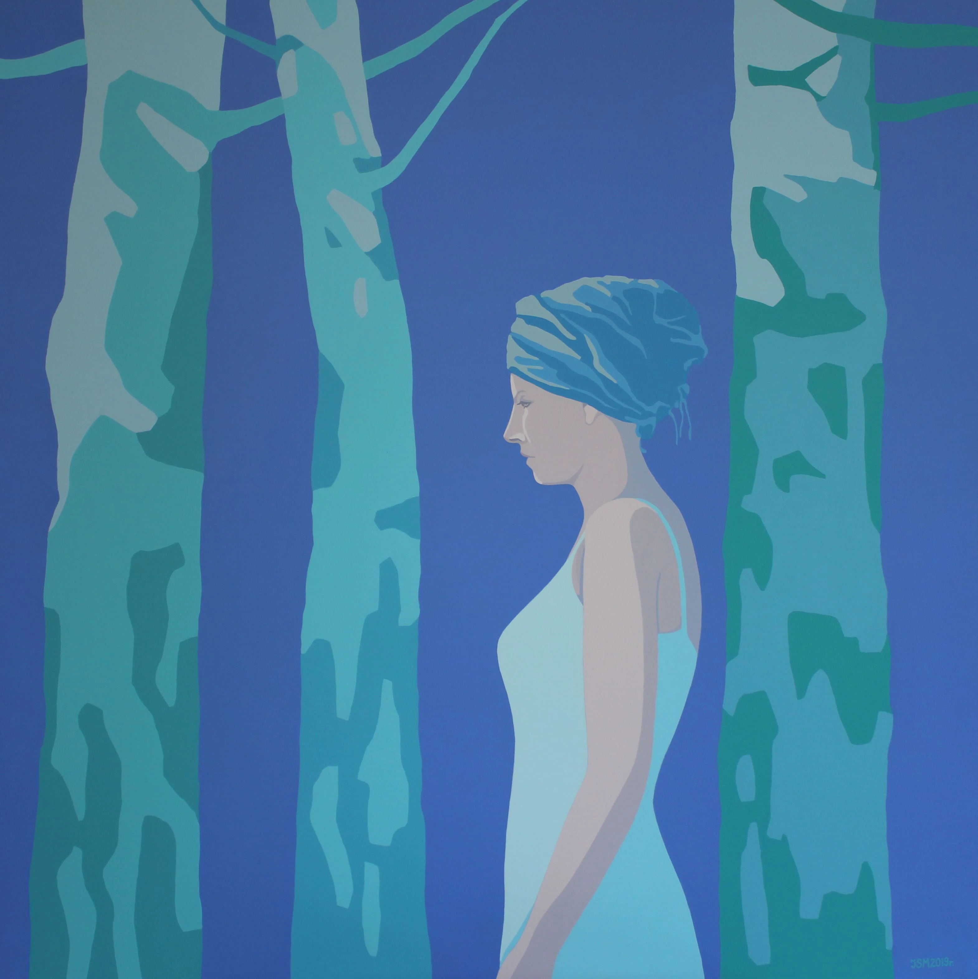 Obraz Joanny Sułek-Malinowskiej „Ulotne myśli” – kobieca postać wśród drzew, współczesne malarstwo figuratywne