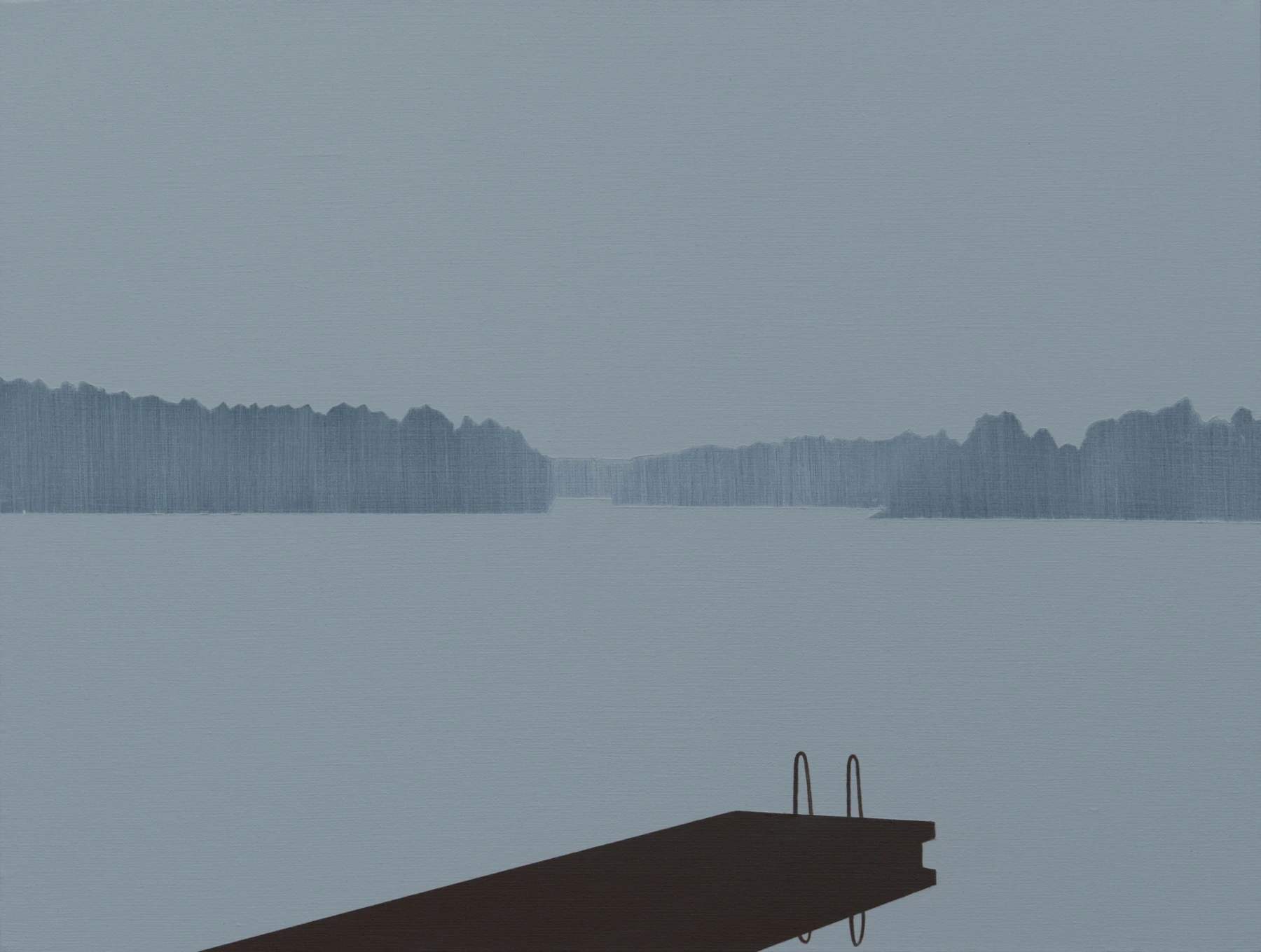 Spokojna tafla jeziora i pomost w minimalistycznym pejzażu – współczesny obraz krajobrazowy Roberta Motelskiego