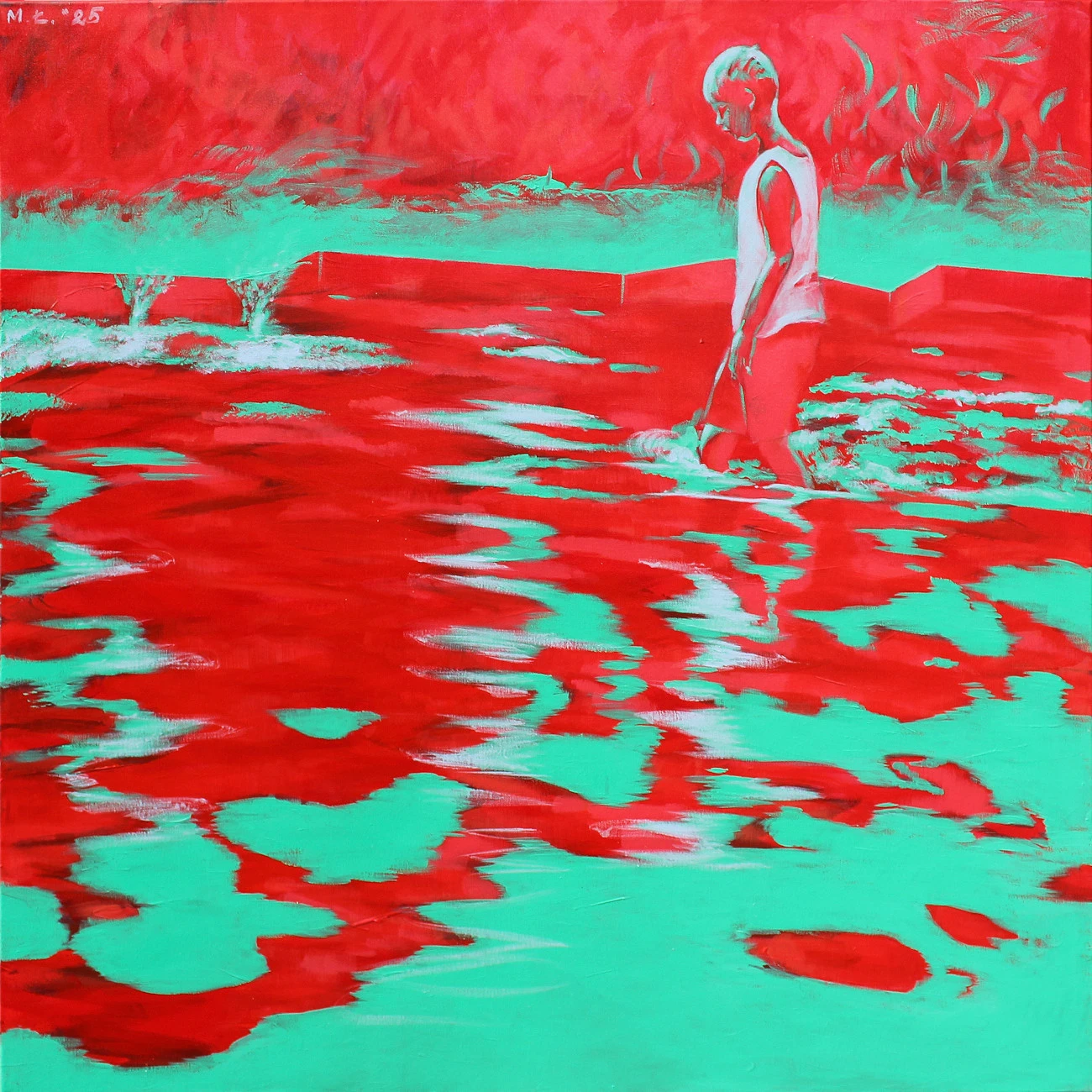 Ekspresyjny obraz Małgorzaty Łodygowskiej z chłopcem w wodzie w intensywnych czerwieniach i turkusach – współczesne malarstwo figuratywne