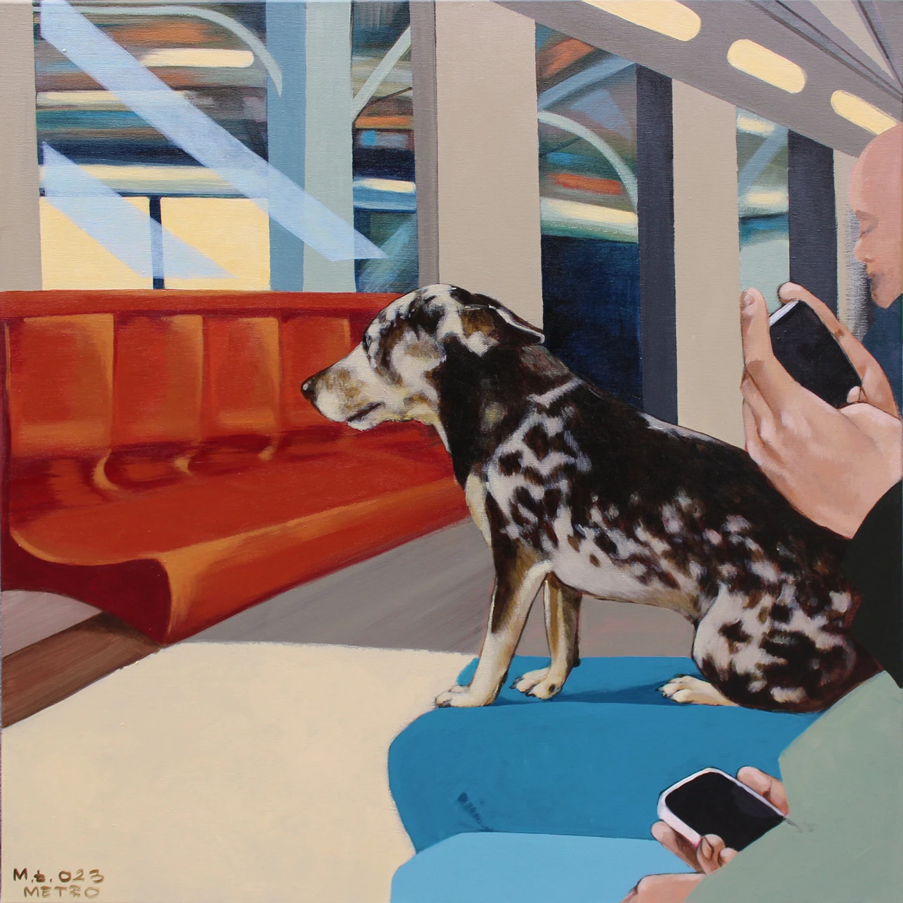 Małgorzata Łodygowska obraz metro pies akryl 90x90 nowoczesne malarstwo do wnętrz współczesnych