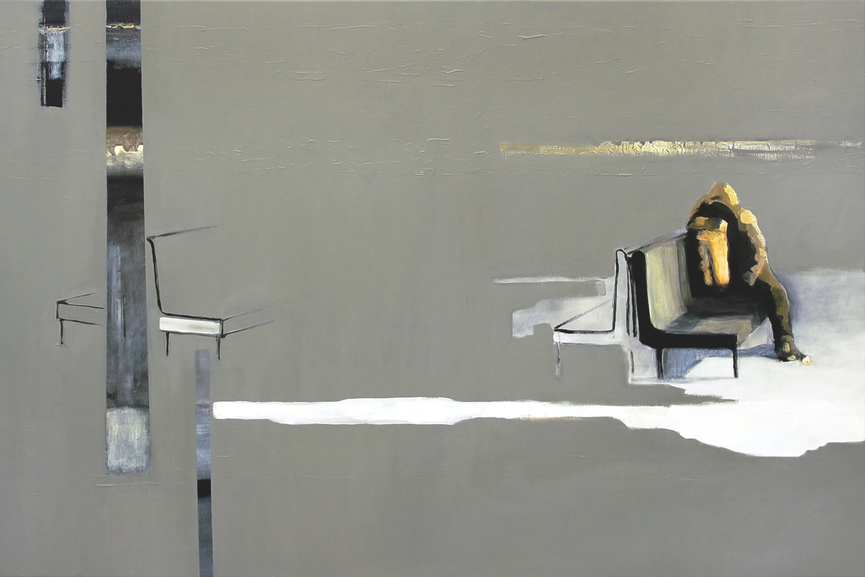 Samotna postać na ławce w pustej przestrzeni peronu – malarstwo Krzysztofa Musiała o ciszy i dystansie