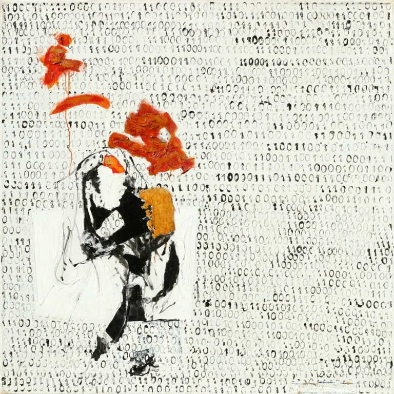 Krzysztof Musiał Mam świadomość obraz akryl 120x120 postać i kod binarny malarstwo współczesne do wnętrz