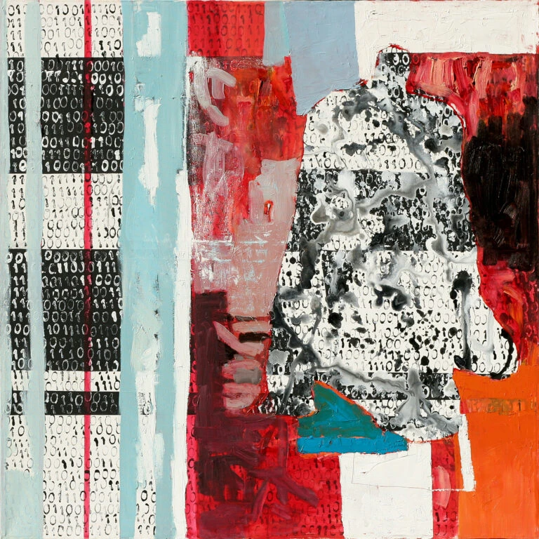 Krzysztof Musiał Trwam Algebra Boole obraz akryl 120x120 twarz kod binarny nowoczesne malarstwo do wnętrz