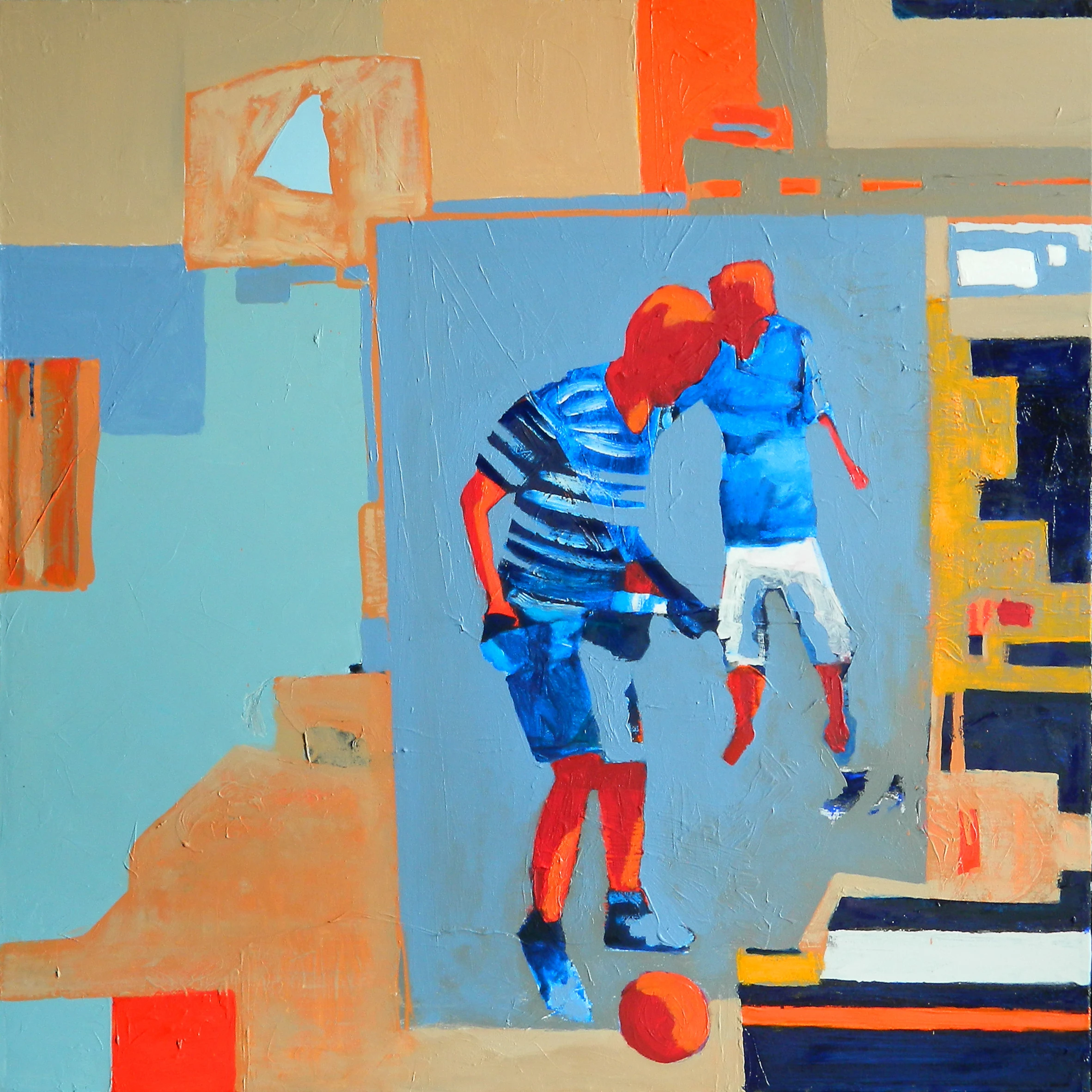 Krzysztof Musiał obraz postacie gra piłka akryl 90x90 nowoczesne malarstwo figuratywne do wnętrz