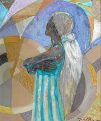 Julia Myga obraz postać kobieca abstrakcja akryl 61x50 pastelowe malarstwo do wnętrz nowoczesnych