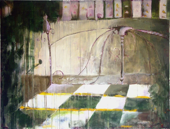 Opala obraz ogród scena poetycka akryl 89x116 malarstwo współczesne do wnętrz spokojnych