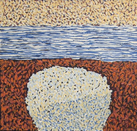 Obraz Pawła Pośrednika to współczesne malarstwo akrylowe balansujące między abstrakcją a pejzażem. Rytmiczna struktura i horyzontalna kompozycja budują wrażenie przestrzeni i światła, przyciągając uwagę detalem i fakturą. Subtelna gra kolorów nadaje pracy