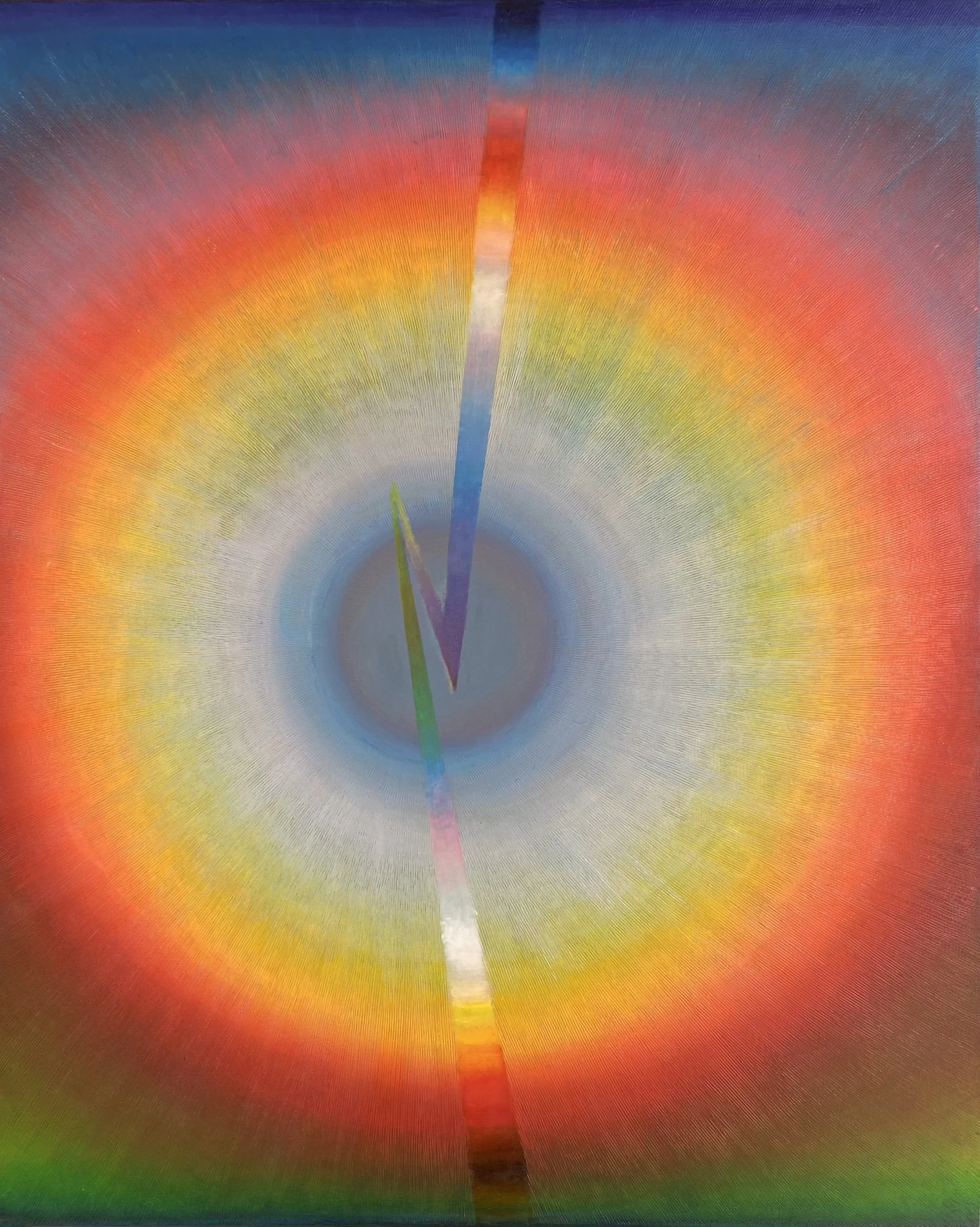 Świetlista abstrakcja z koncentrycznymi kręgami barw i pionową linią światła – obraz Anny Alicji Trochim, energia koloru