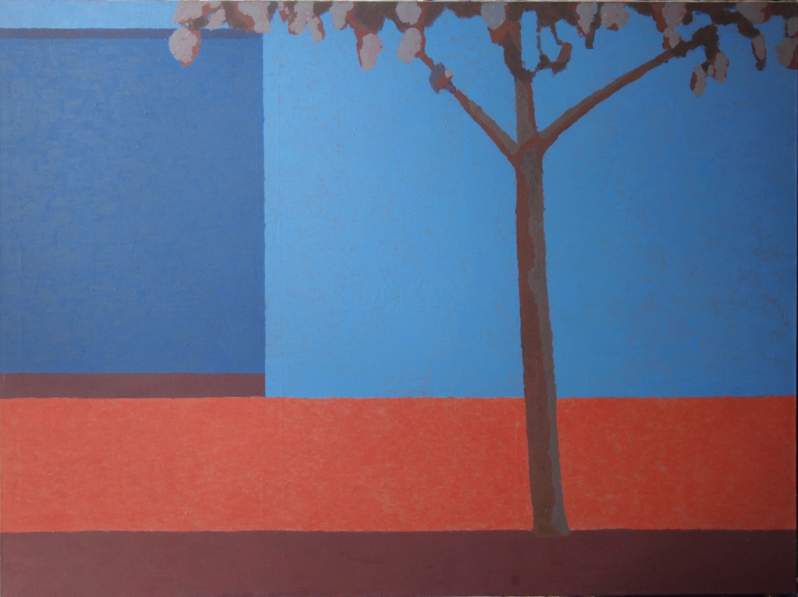 pejzaż, drzewo, niebieski, czerwony, żywe barwy, intensywne kolory, proste kształty, geometria