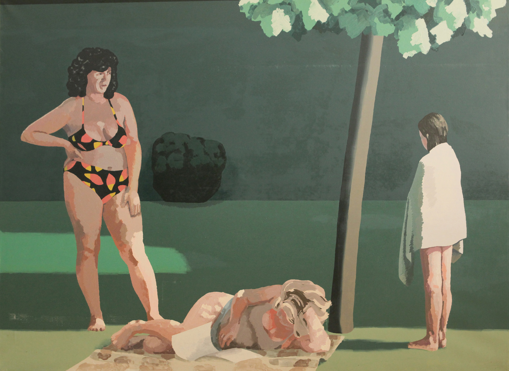 drzewo, zieleń, lato, rodzina, postać, proste kształty, jednolite barwy, czyste kolory, dom, kobieta