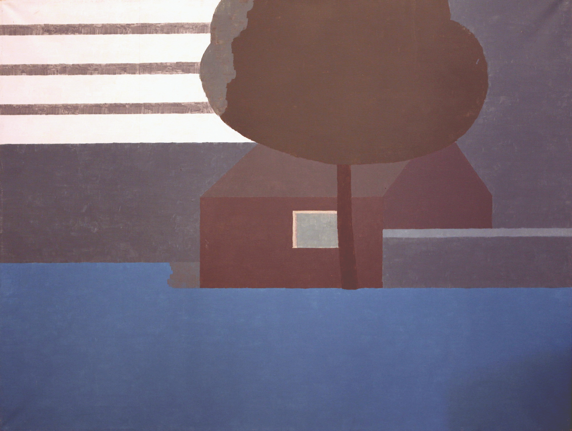 architektura, dom, noc, drzewo, minimalizm, stonowane kolory, ciemne barwy, geometria, proste kształty