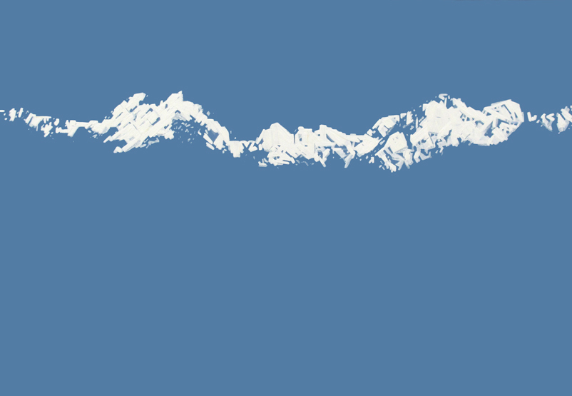 Minimalistyczny obraz przedstawiający białe szczyty górskie na błekitnym tle